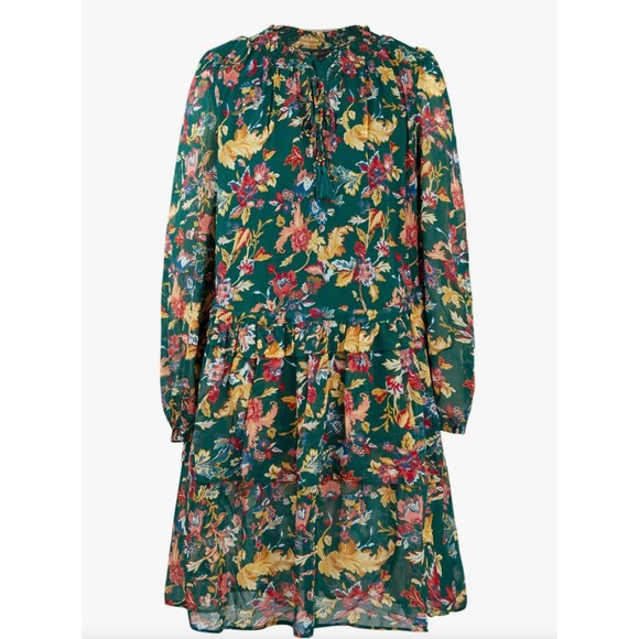 NWT Frye Green Botanical Floral Dress Sz S Peasant Ruffles Tiered Tassles Boho * - Picture 3 of 12